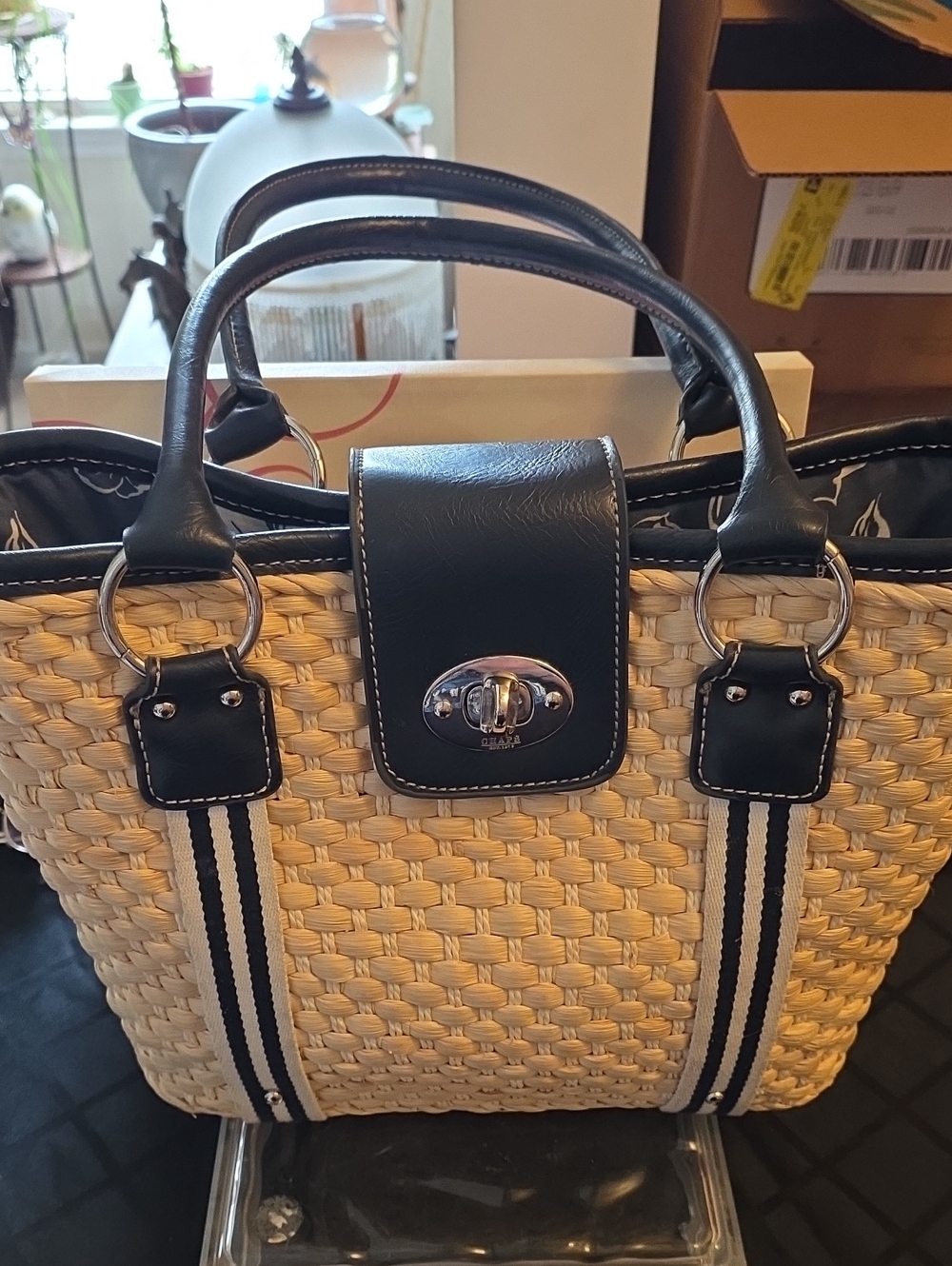 Chaps Natural Woven Tote with Black Trim